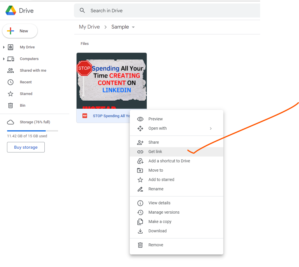 click on get link on your Google drive folder