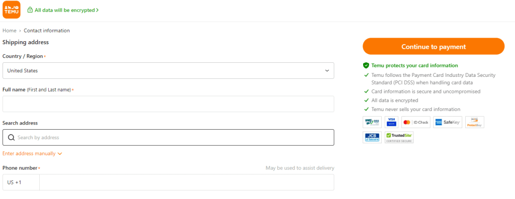 Add your shipping details to order on Temu