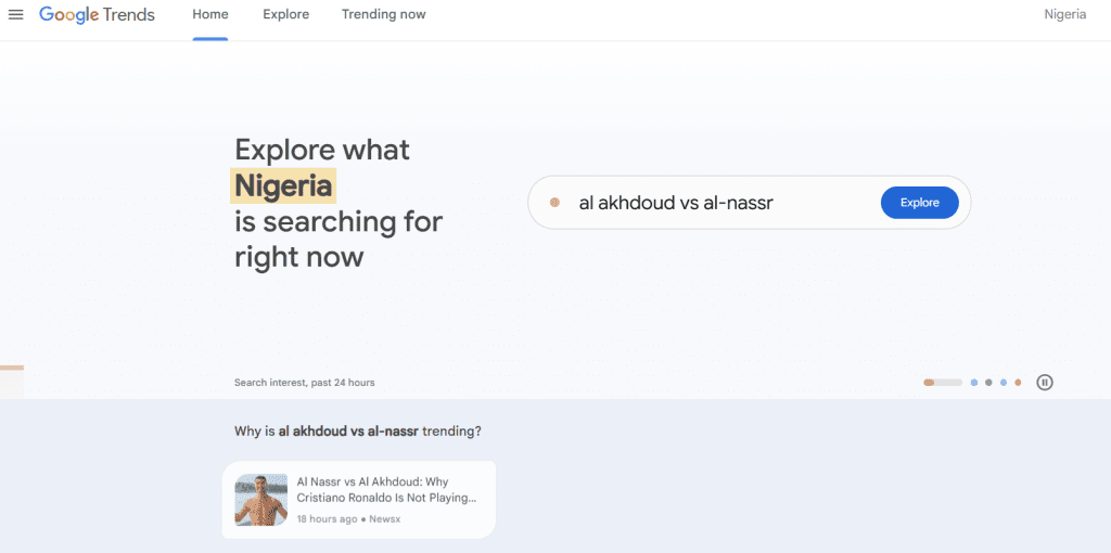 Google trend screen to search what to sell on Jumia